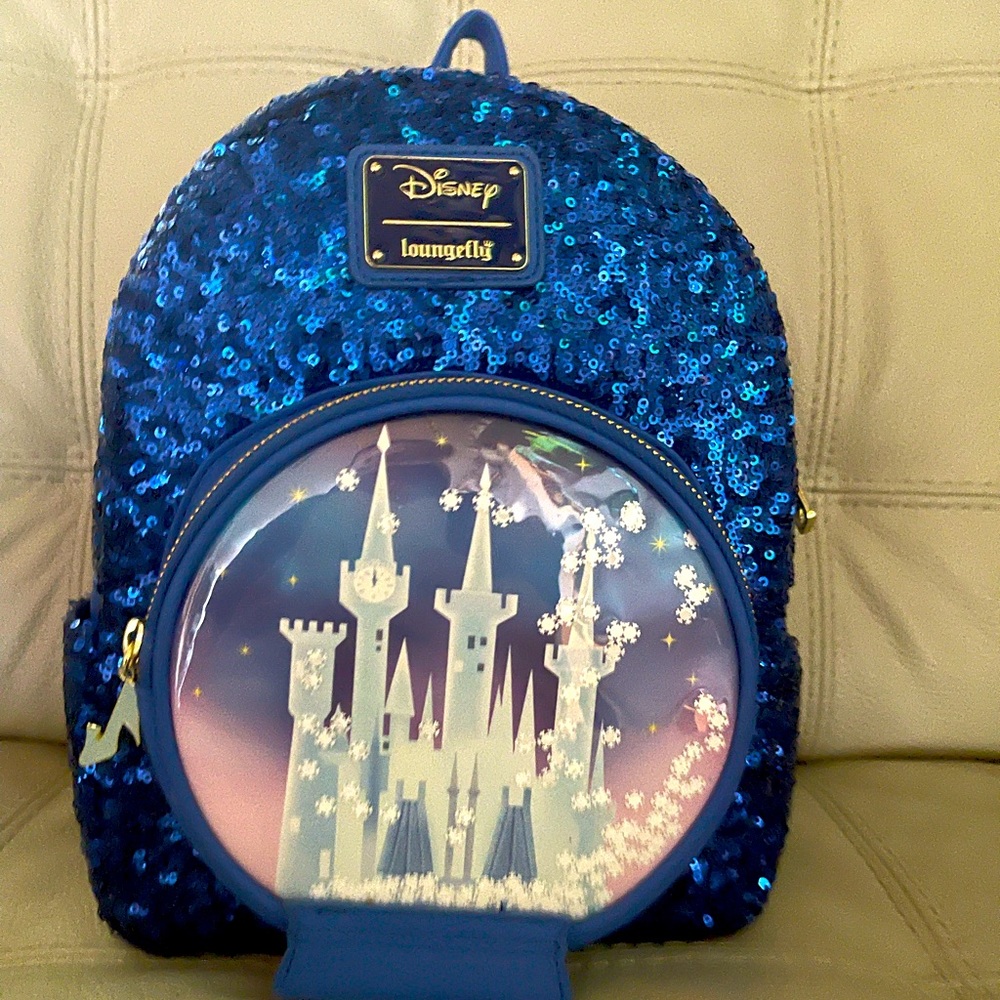 Disney loungefly cinderella castle snow globe sequins backpack